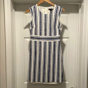J. Crew White and Blue Sheath Mini Dress with Sleeveless Design and Crew Neck